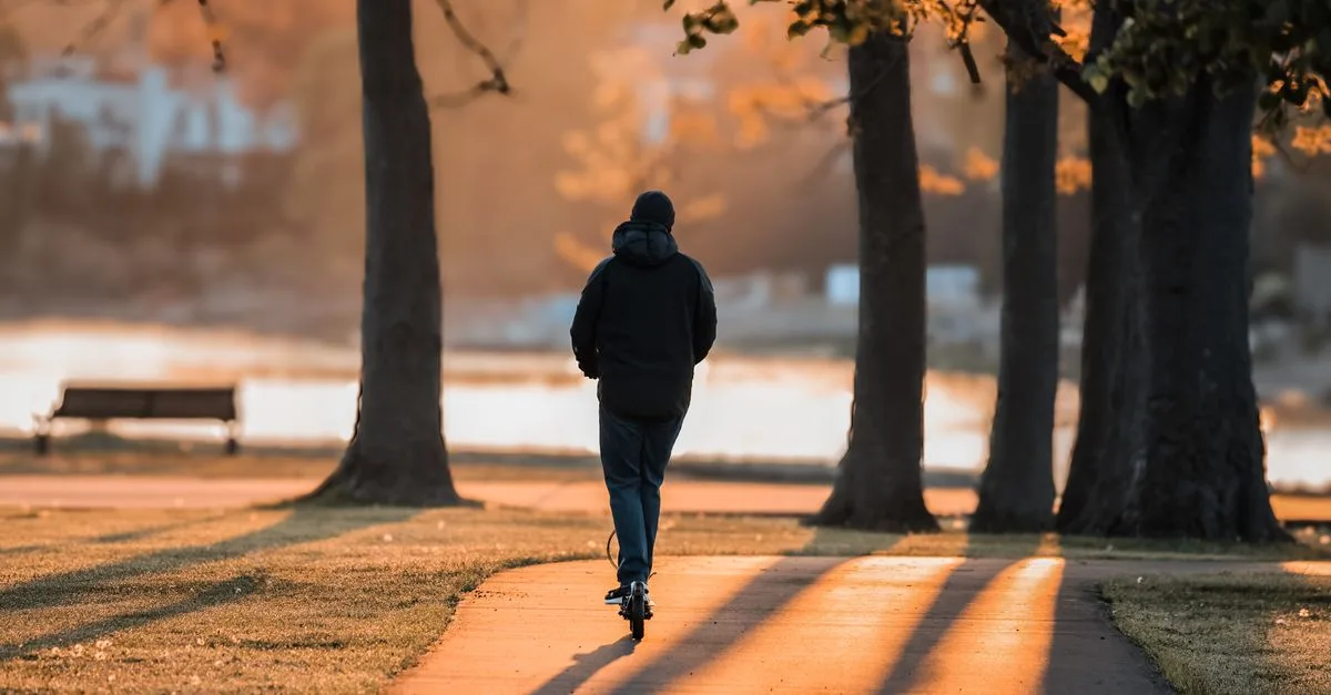 A boy rides an electric scooter on a sunlit path in a park, creating a dramatic shadow.
