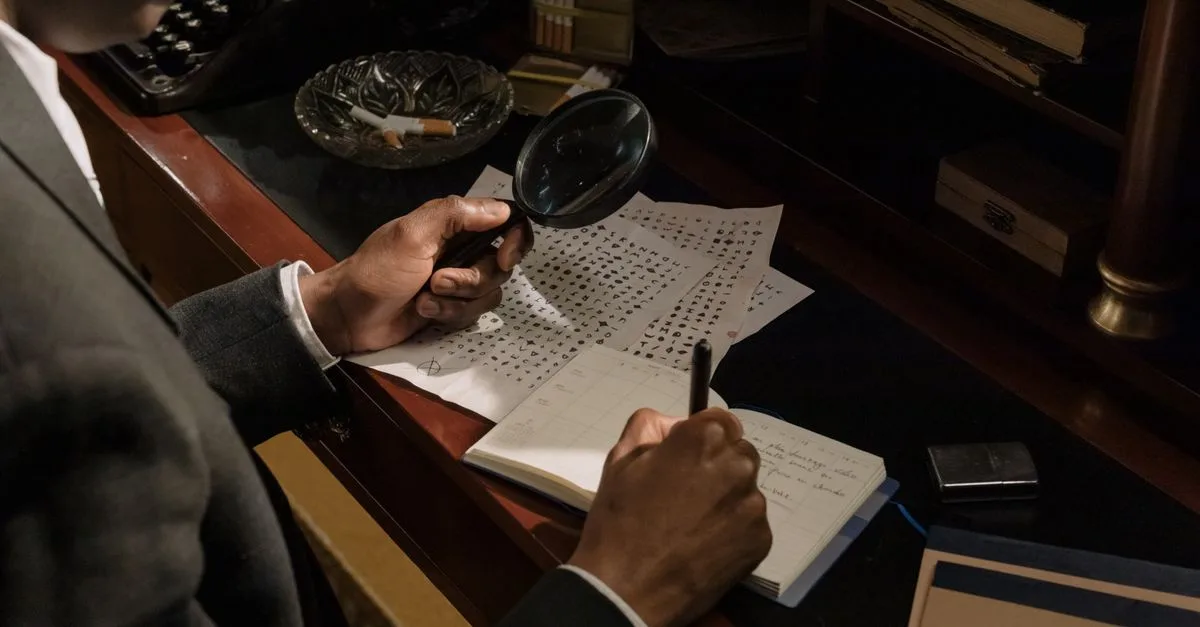 Detective using magnifying glass to analyze cryptic documents in vintage office setting.