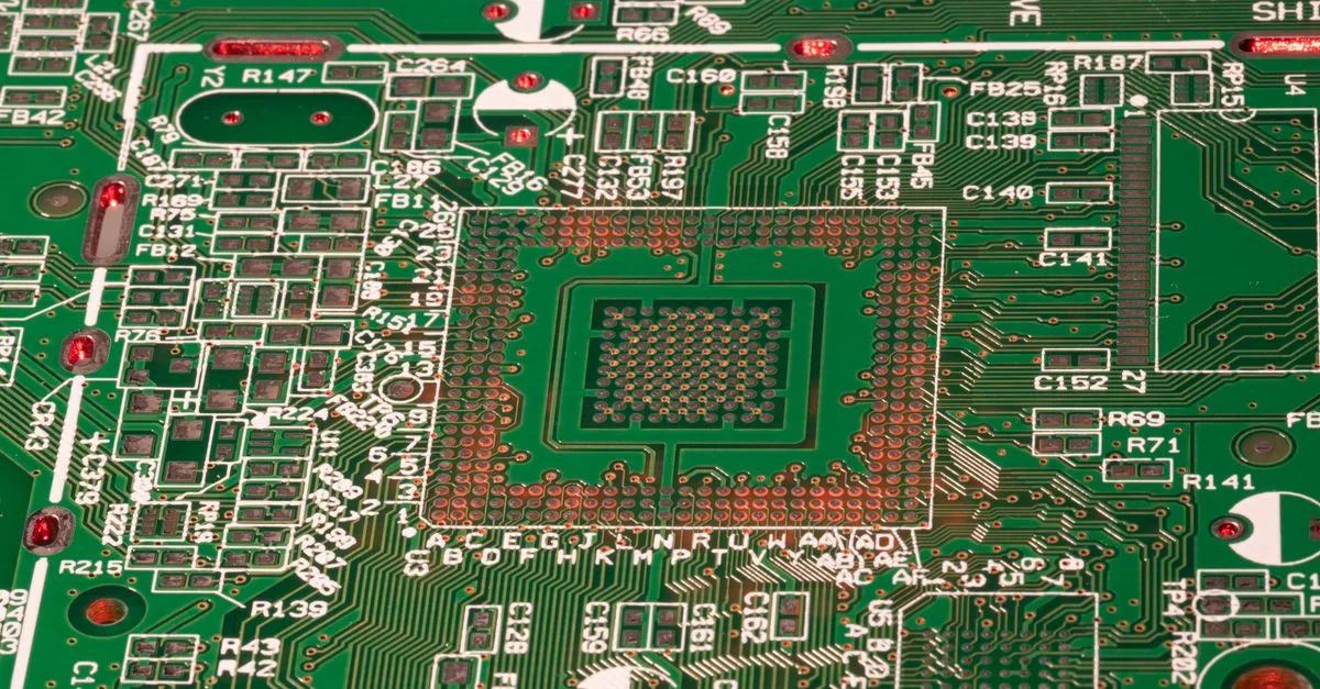 Detailed view of a green printed circuit board with visible components and connections.