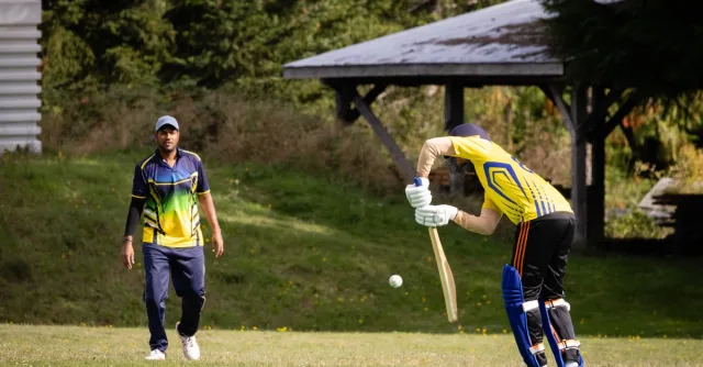 Exciting cricket match with two players in a vibrant outdoor field setting.