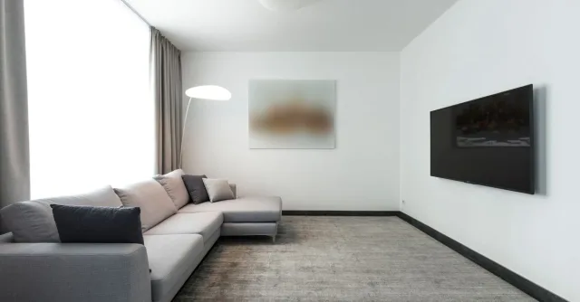 Contemporary living room with a gray sectional sofa and a wall-mounted TV.