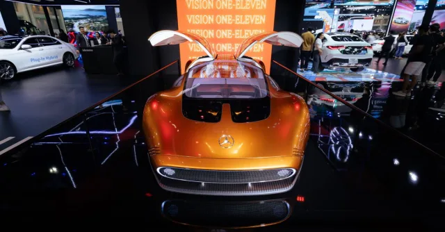 Front view of Mercedes Vision One Eleven concept car at a motor show.