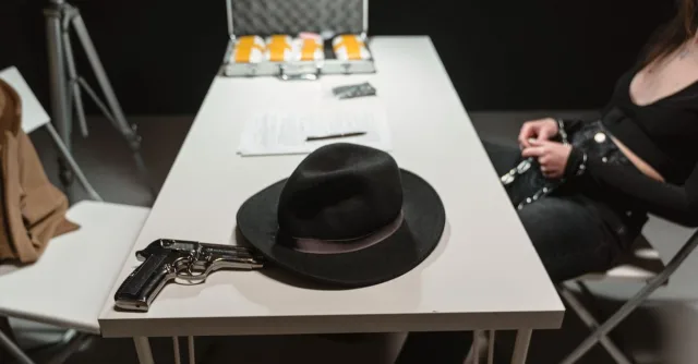 Close-up of a gun and hat on a table in an interrogation room, suggesting a crime scene.