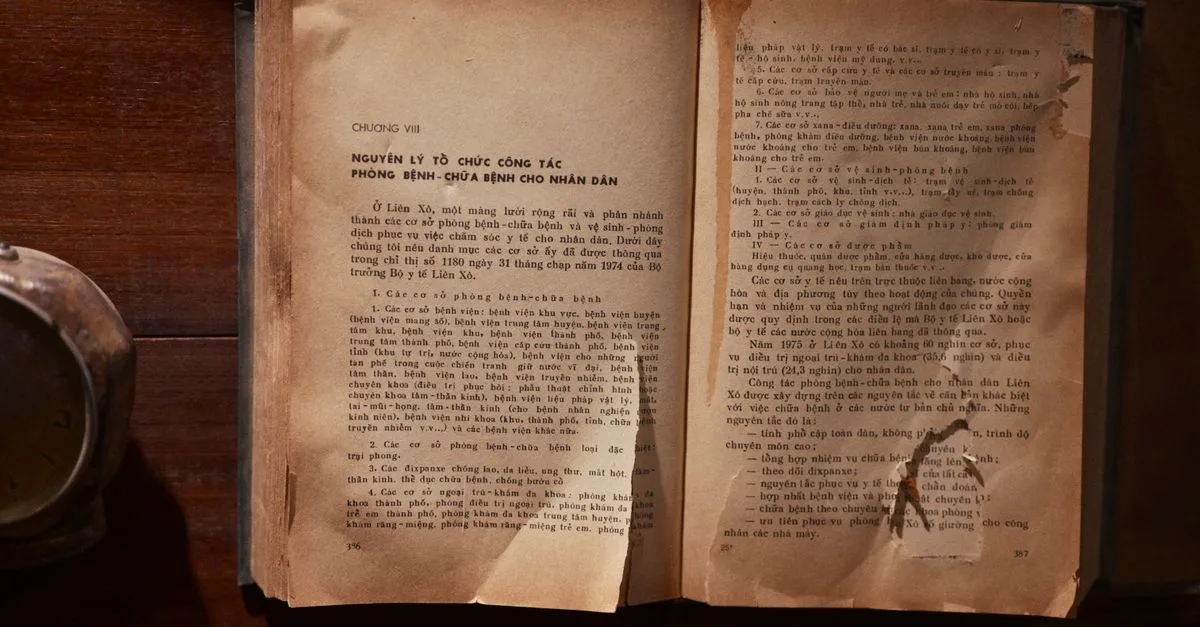 A vintage open book with text in Vietnamese on a wooden table, showcasing old literature.
