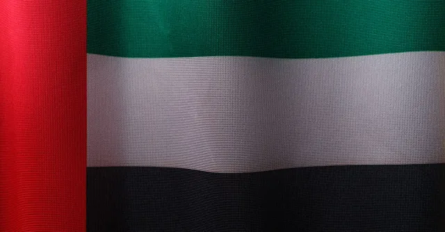 Detailed close-up of the United Arab Emirates flag with vibrant colors and fabric texture.