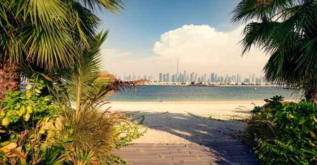 Scenic view of Dubai skyline from a tropical beach with palm trees foreground.
