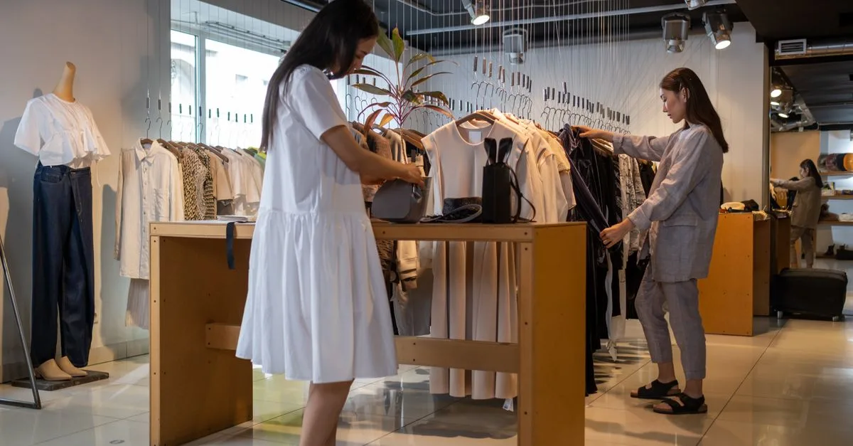 Two women browsing clothes in a modern indoor fashion store.