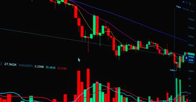 Vibrant digital chart showcasing cryptocurrency market trends with candlestick patterns.