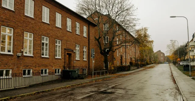 A quiet, wet residential street in Stockholm with brick buildings and autumn foliage.