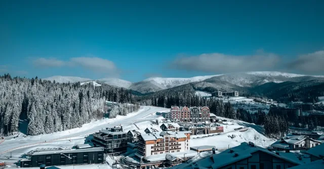Aerial view of a snow-covered winter resort in Ukraine's Carpathian mountains.