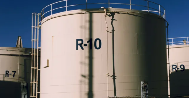 Large industrial storage tanks under blue skies, highlighting metal structures.
