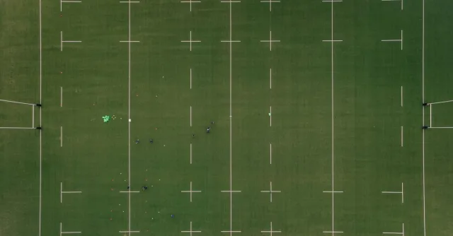 Drone shot of a rugby field in Agen, Nouvelle-Aquitaine, France.