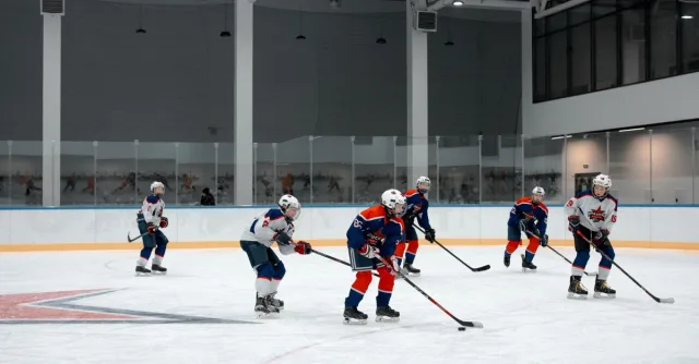 A group of athletes playing ice hockey indoors, showcasing teamwork and skills.