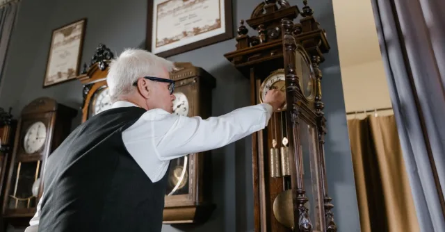 An elderly man adjusts an antique grandfather clock inside a vintage clock shop.