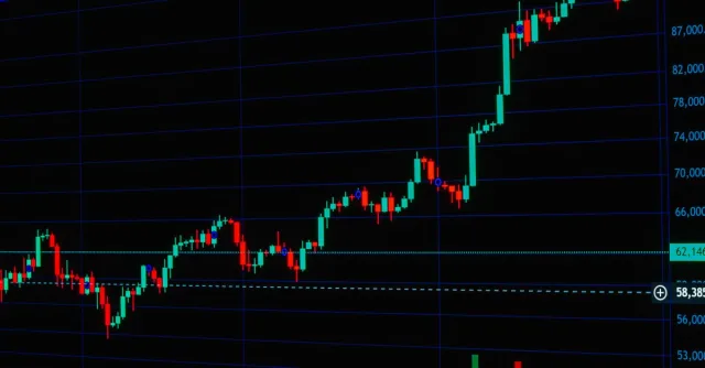 Detailed cryptocurrency trading chart showing market trends with candle and bar graphs.