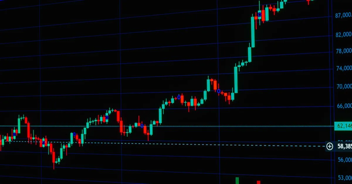 Detailed cryptocurrency trading chart showing market trends with candle and bar graphs.