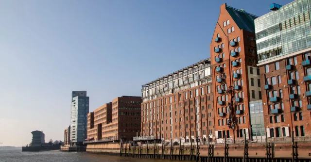 Explore the historic waterfront architecture along the Elbe River in Hamburg, Germany.