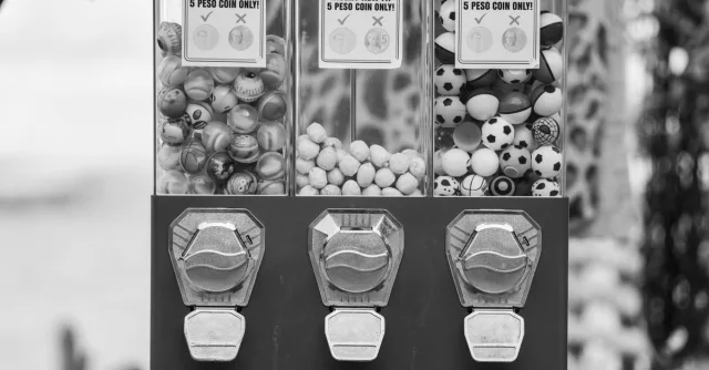Monochrome image of a toy vending machine with coins required for operation.